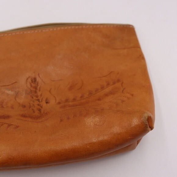 Vintage Sergios Collection Small Leather Zipper Pouch Bag Natural Tooled Leather - Picture 3 of 14